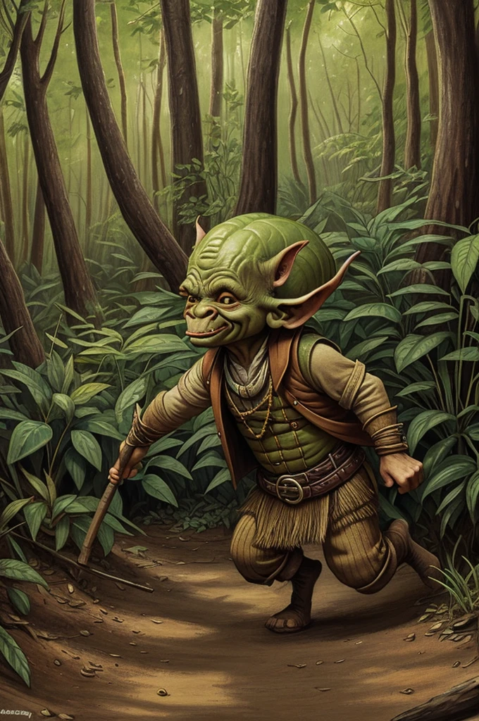 A goblin that represents the Huancaina culture goblin with a golden vest with movement in a forest (drawing) 