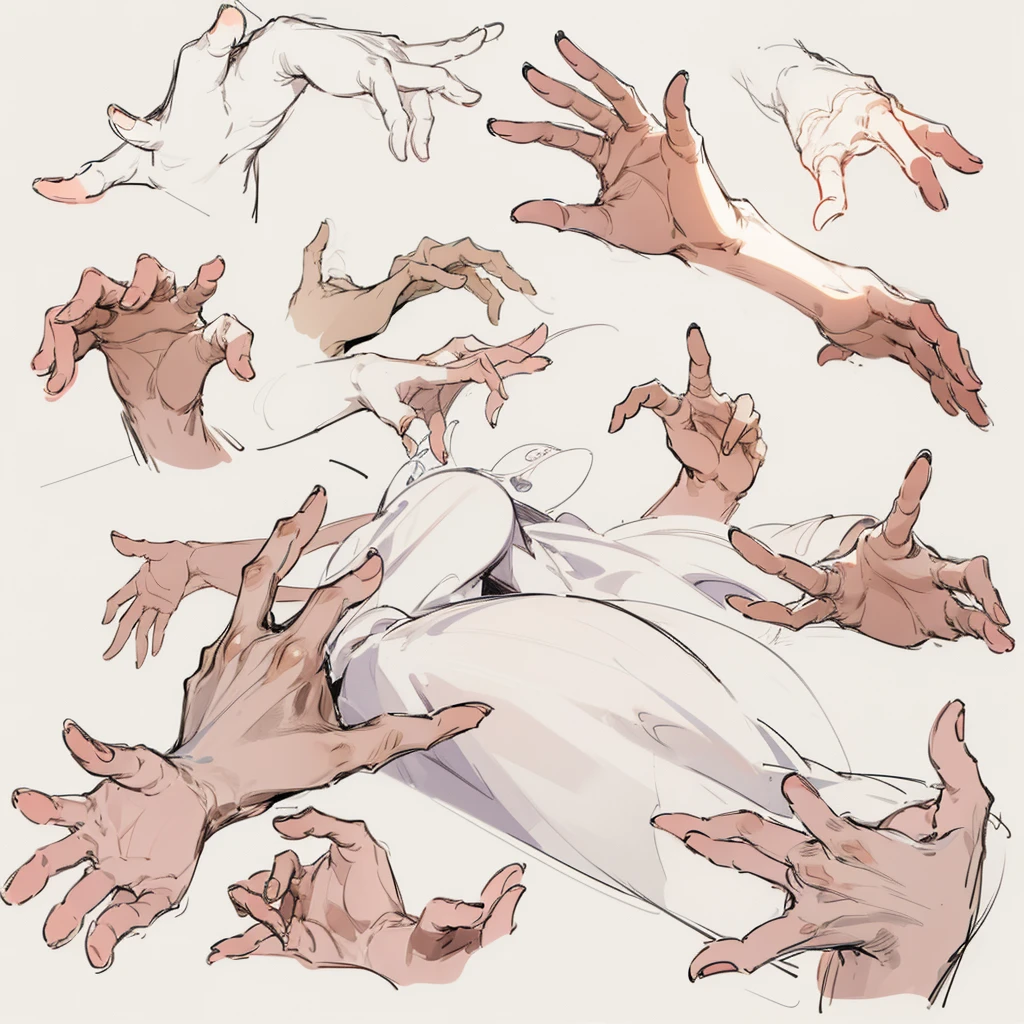 only hands, varios sketch of hand, hand in focus, hand im various poses, pose of hands, only hands, simple background, unique color background
