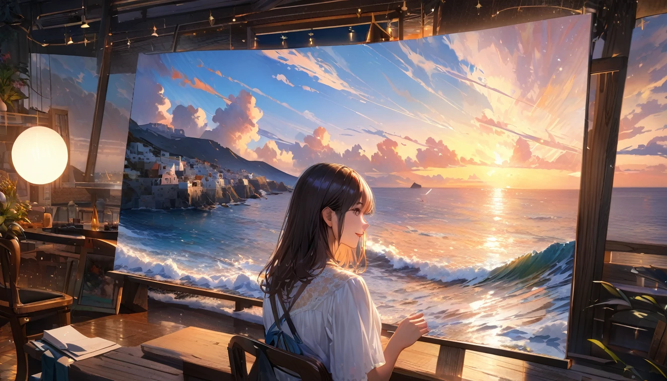 Sparkling sea in Santorini , Sunny sky with fluffy white clouds, houses along the coast, Blur the background,Pleasant sea breeze,Young woman with dark hair,smile,Glitter effect,highest quality, 4K, 8K, High resolution, masterpiece:1.2, Very detailed, Realistic:1.37, High resolution, 超High resolution, Studio Lighting, Ultra-fine painting, Sharp focus, Physically Based Rendering, Very detailed explanation, Professional, Vibrant colors