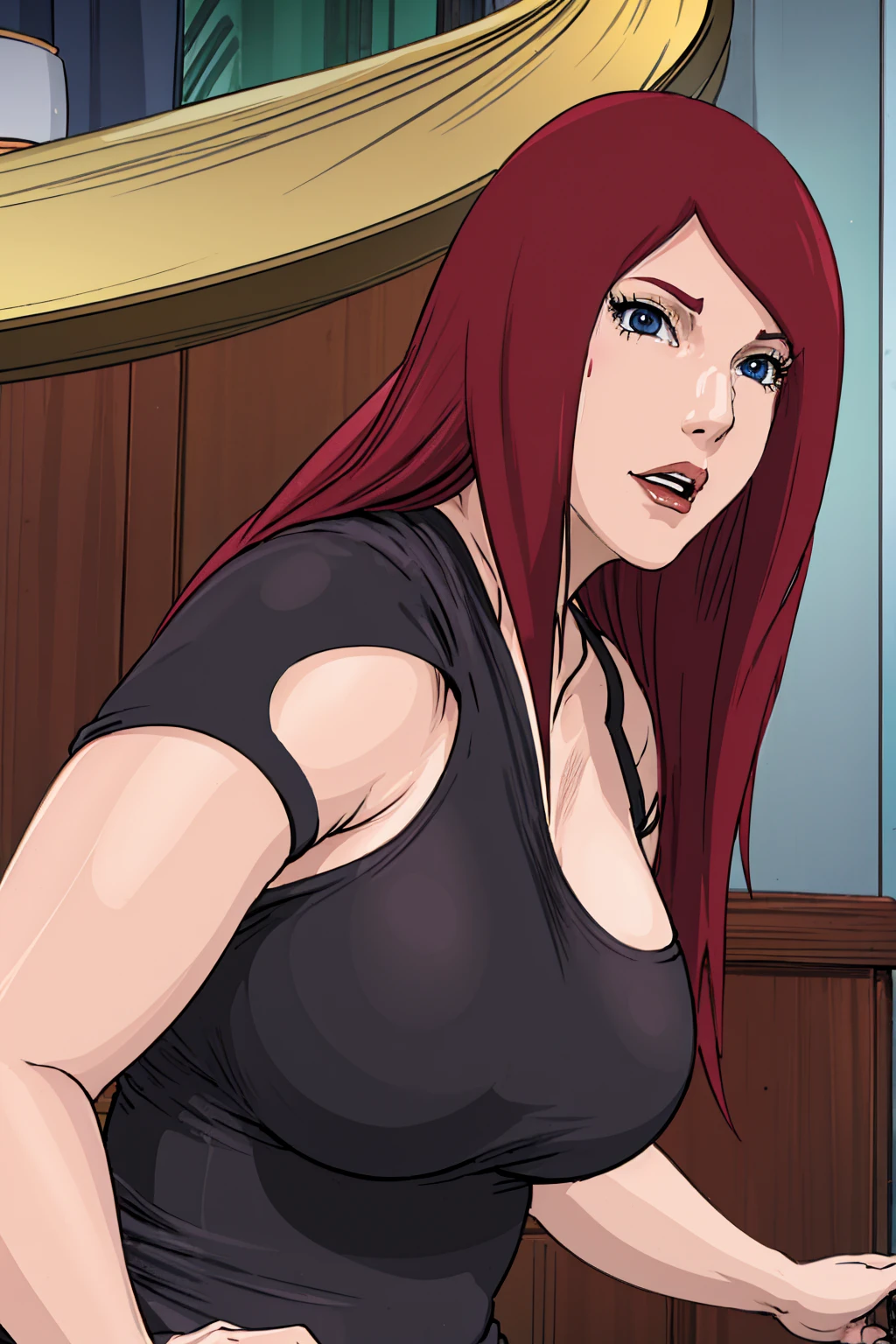 Redhead kushina in  a premium  body con v neck black dress a,milf ,thick milf , perfect face, perfect eyes, perfect limbs ,perfect makeup,cleavage,bright red hairs