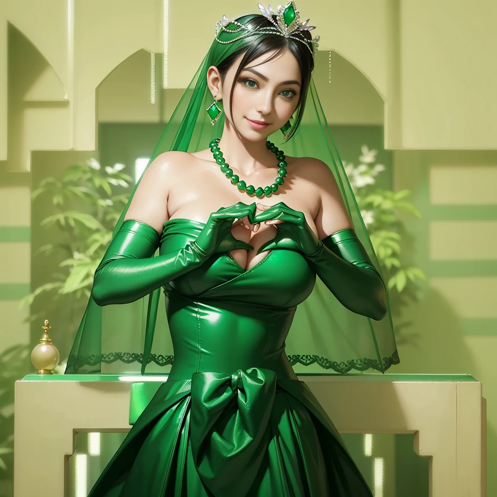 Emerald tiara, Green Pearl Necklace, Boyish, super short black hair, lipstick, Smiling Japanese woman, Very short hair,  Big tits beautiful, Green Eyes, Long green satin gloves, Green Eyes, Emerald Earrings, Green Veil, Heart with both hands