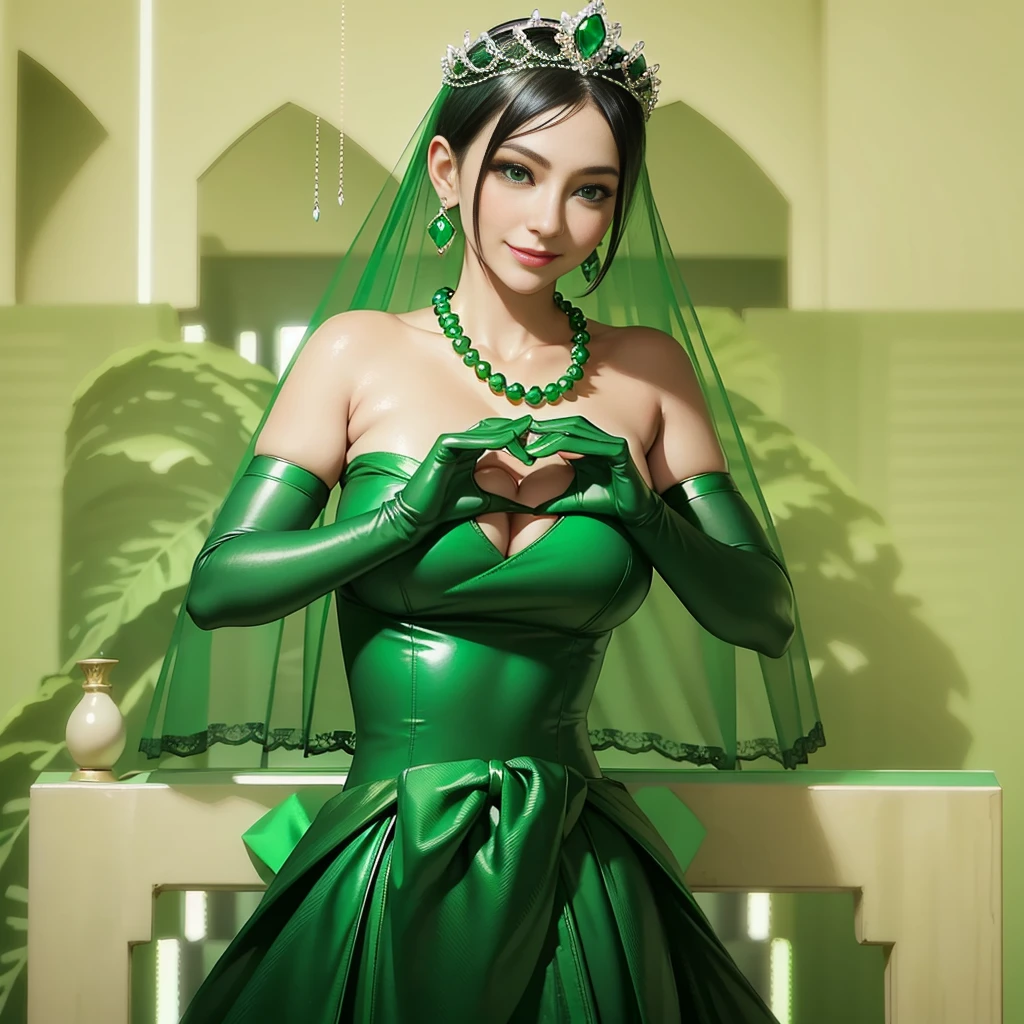 Emerald tiara, Green Pearl Necklace, Boyish, super short black hair, lipstick, Smiling Japanese woman, Very short hair,  Big tits beautiful, Green Eyes, Long green satin gloves, Green Eyes, Emerald Earrings, Green Veil, Heart with both hands