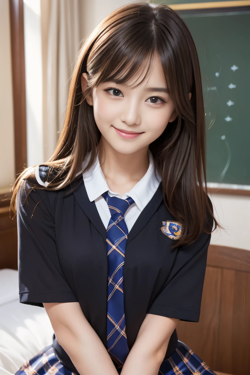 Highest quality、shape、 Very detailed、finely、 High resolution、8k wallpaper、完璧なダイナミックな構shape、Beautiful 17 year old girl、A neat and mature high school girl、Beautiful face in every detail、Beautiful eyes in every detail、Rough skin、A faint smile、Small breasts、Bold sexy pose、((Schoolgirl uniform、Medium Hair:1.4))、((Observe the audience、smile))、((open chest shirt、Loose tie))、((Bedroom))