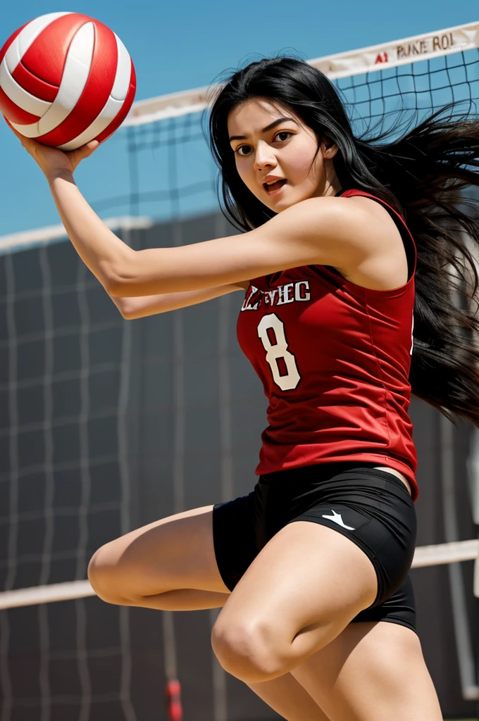 animated girl with long black hair black eyes with red plays volleyball 