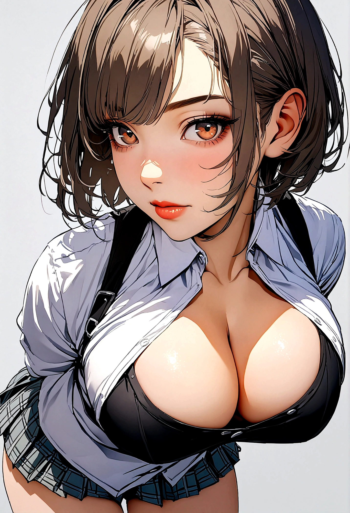 (Highest quality,8K,masterpiece),Studio shot,Gray background,Low Angle,
Very beautiful Japanese models,Fine skin,Realistic Skin, Lip gloss,Rouge,
Very short hair,Pixie Cut,View your viewers,Captivating look,
School_uniform, 大き目のイヤリング
Big Breasts,Thighs,
Checked skirt, White shirt, Big Breasts,Accentuate your cleavage,