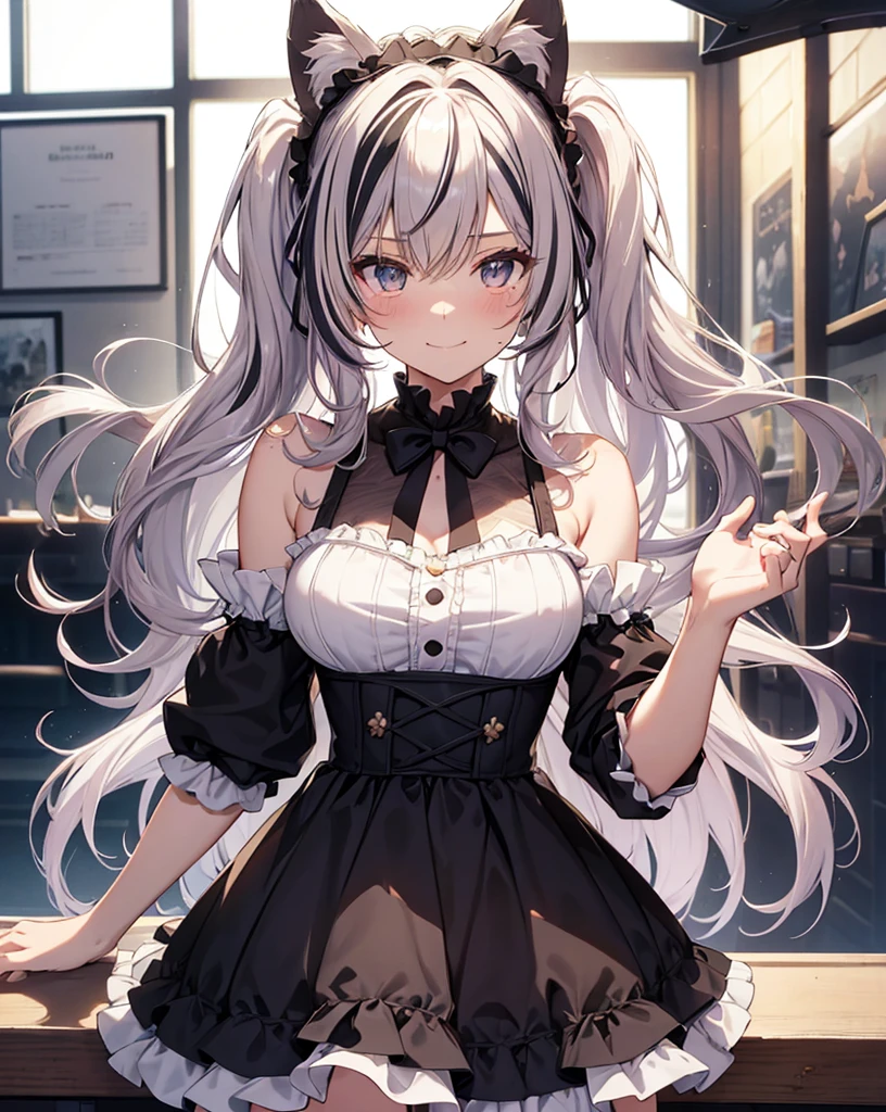 ((streaked hair, messy hair, big hair)), ((expressive hair)), ta hairband, cinematic lighting, bust chart, first-person view, UHD, (((masterpiece, textured skin))), (super detail), high details, high quality, ((best quality)), 16k, loliaid costume with bare shoulders and loose Straps as if the dress was about to fall off , upturned eyes, cute girl, dress with frills, in the cafe, neko ears, cat ears, white cat tail, happy and smile, happy smile blush, happy pose scenery