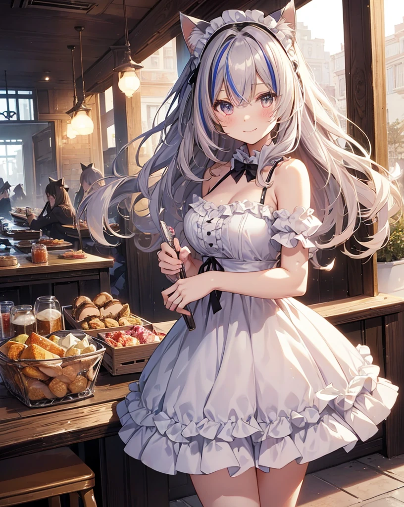((streaked hair, messy hair, big hair)), ((expressive hair)), lolita hairband, cinematic lighting, bust chart, first-person view, UHD, (((masterpiece, textured skin))), (super detail), high details, high quality, ((best quality)), 16k, lolita maid costume with bare shoulders and loose Straps as if the dress was about to fall off , upturned eyes, cute girl, dress with frills, in the cafe, neko ears, cat ears, white cat tail, happy and smile, happy smile blush, happy pose scenery 