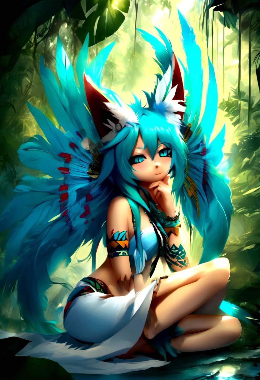 Miku Hatsune, add high definition add_detail:1, blue fur,kitsune ears, tribal tattoo add_detail:1, in ruins in the jungle, barefoot, tribal costume add_details:1, giant aquamarine feather wings_detailsl:1 ,alas hermosas la mejor calidad y detail en las plumas, add blue saturation light_detailsl, sensual pose