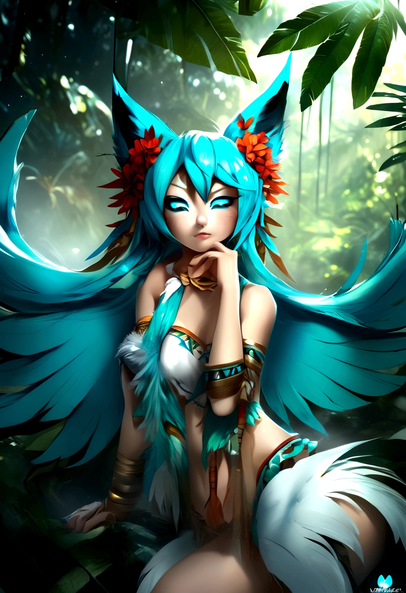 Miku Hatsune, add high definition add_detail:1, blue fur,kitsune ears, tribal tattoo add_detail:1, in ruins in the jungle, barefoot, tribal costume add_details:1, giant aquamarine feather wings_detailsl:1 ,alas hermosas la mejor calidad y detail en las plumas, add blue saturation light_detailsl, sensual pose