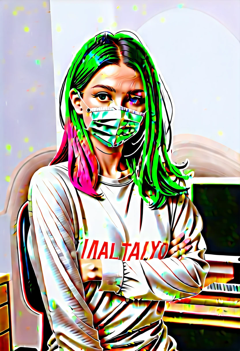 score_9,score_8_up,score_7_up,score_6_up BREAK source_real,raw,photo,realistic BREAK solo,looking at viewer,long sleeves,1girl,in the hospital,holding,green eyes,upper body,pink hair,green hair,indoors,mask,mouth mask,computer,monitor,surgical mask,intravenous drip,