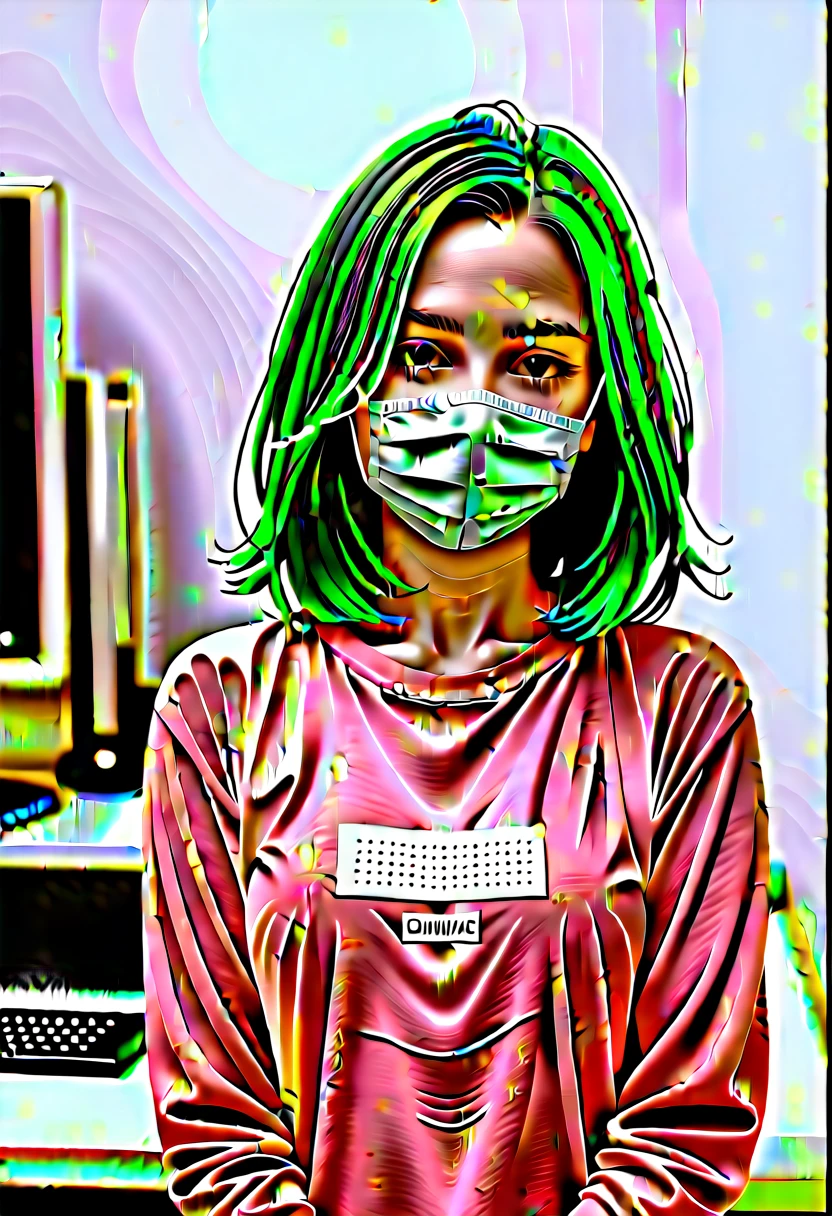 score_9,score_8_up,score_7_up,score_6_up BREAK source_real,raw,photo,realistic BREAK solo,looking at viewer,long sleeves,1girl,in the hospital,holding,green eyes,upper body,pink hair,green hair,indoors,mask,mouth mask,computer,monitor,surgical mask,intravenous drip,