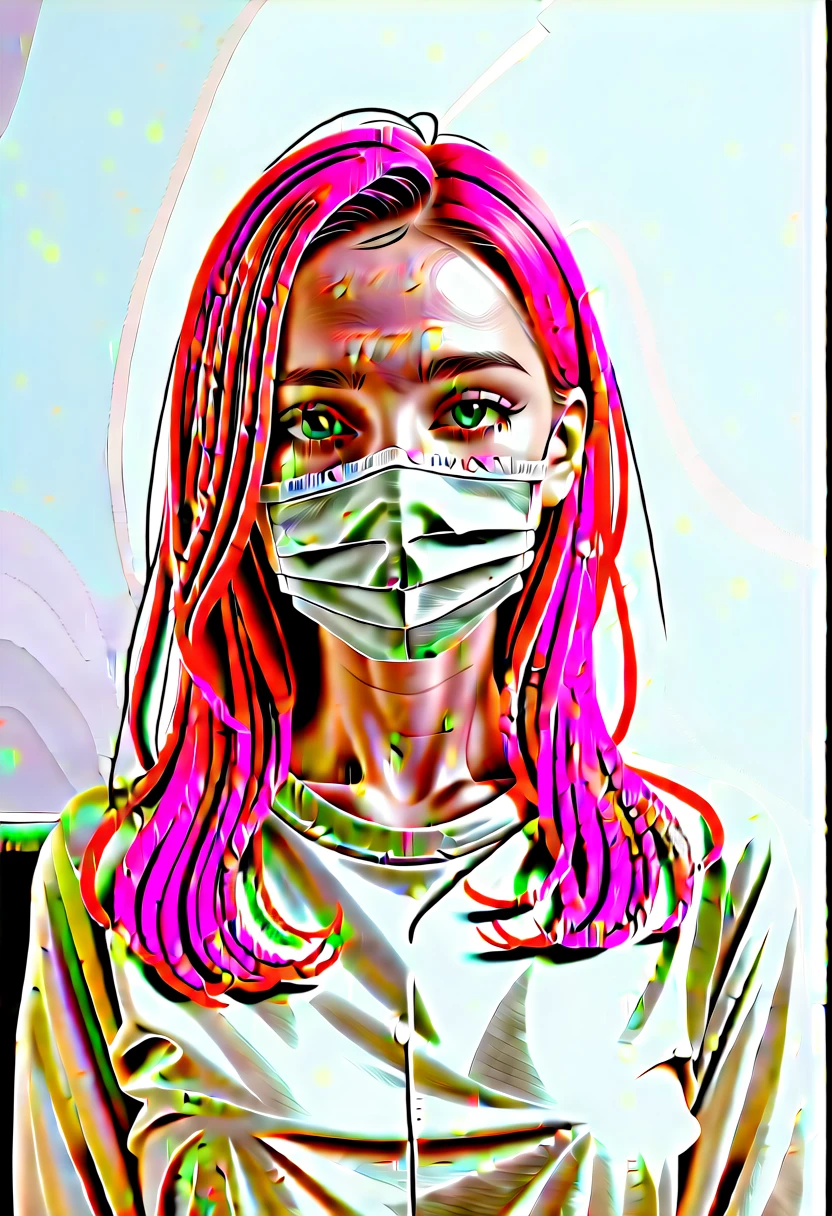 score_9,score_8_up,score_7_up,score_6_up BREAK source_real,raw,photo,realistic BREAK solo,looking at viewer,long sleeves,1girl,in the hospital,holding,green eyes,upper body,pink hair,green hair,indoors,mask,mouth mask,computer,monitor,surgical mask,intravenous drip,