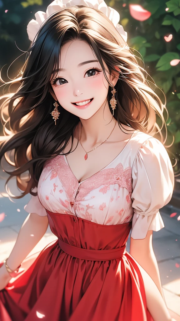 woman,(1 person),With a smile, She expressed her joy, Beautiful and smiling, Laugh gently, Cute smile, 美しいWith a smile, Happy and cheerful expression, And she laughs,very happy, (masterpiece、Highest quality)、Best details