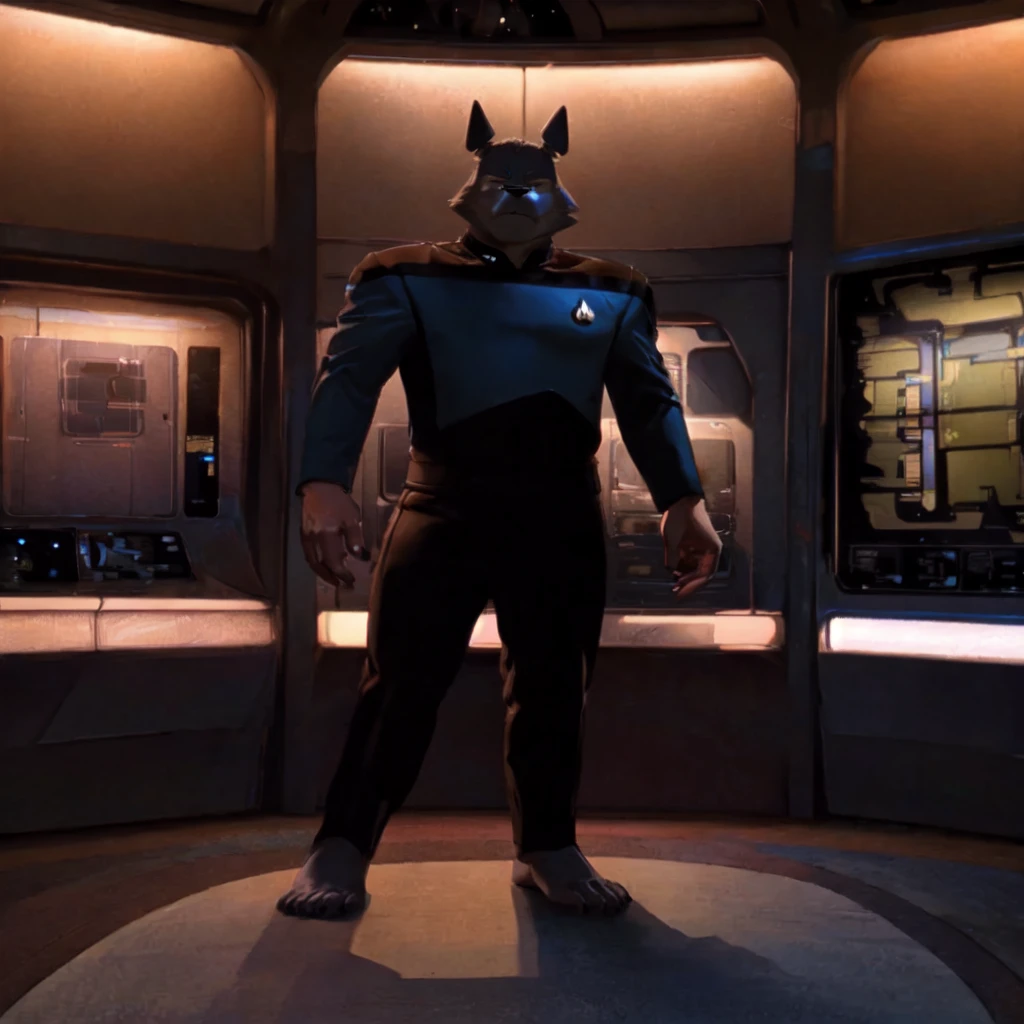 (((Barefoot furry character, full body, cinematic setting, furry male, plantigrade)))
doctor ((Totoro)), studio ghibili, furry, big, fat, whiskers, grey skin, claws,
exudes confidence and authority on starship bridge, wears star trek next generation doctor blue uniform, ((s3stngunf uniform))) long black pants, muscular figure, (((standing in transporter room, standing on transport platform)))
((Bridge of starship with many screens and consoles)), futuristic look, metalic, bright colors
BREAK, intricate details, highly detailed, extreme detail, octane render, fine art, best quality, highres, (detailed face:1.5), ((full_body)), UHD, (((perfect hands))), ((low light:1.5))