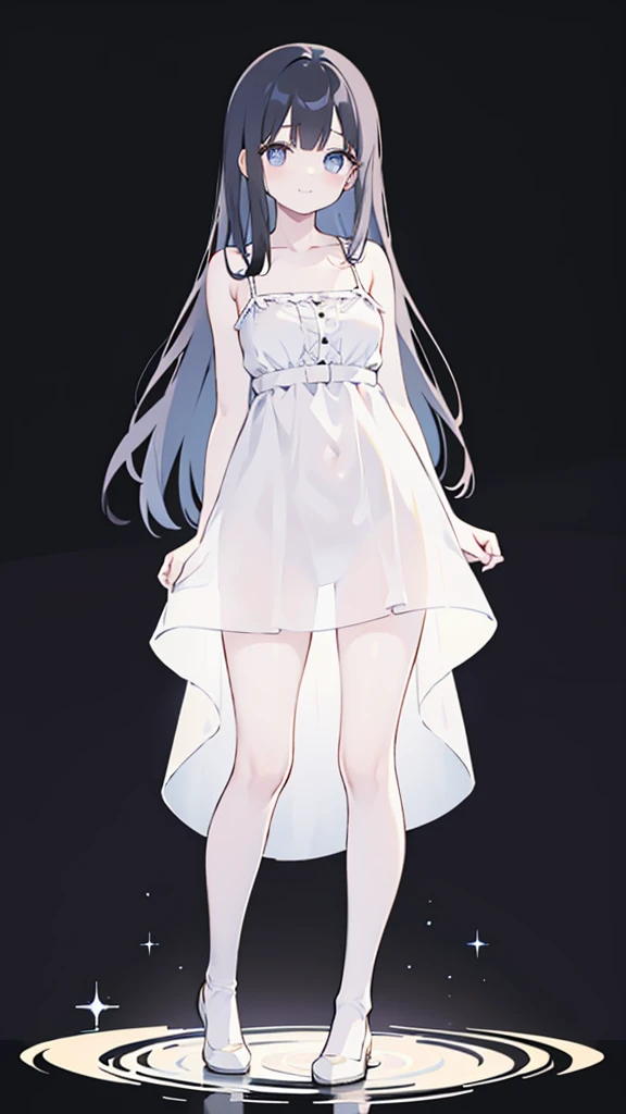 masterpiece, 8K, Detailed face, best quality, Must be created as described, (1 girl, alone, 20 years old, 158cm), (Black hair, long hair, Straight Hair, Bangs), (innocent, Big blue eyes like diamonds), (fair skin, thin waist, long legs), (Dress simply,Fitted pure white dress, spaghetti straps, Flat style), (The dress is very short, Thin and translucent, Dress has no sleeves, 只有spaghetti straps), (Wearing white socks), (Show your thighs, Show your arms), (The expression looks shy, but with a smile), (light black background, Full body portrait, Stand Up Straight, symmetry)