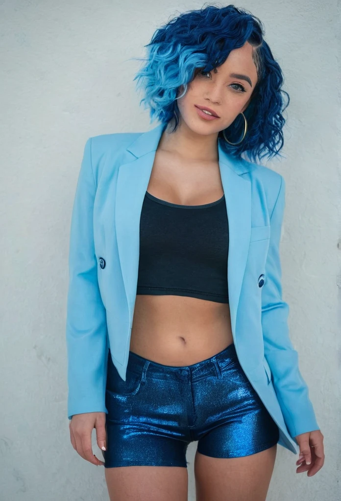 Beautiful biracial woman, blue hair , blue light eyes , full body detailled, casa de papel outfit
