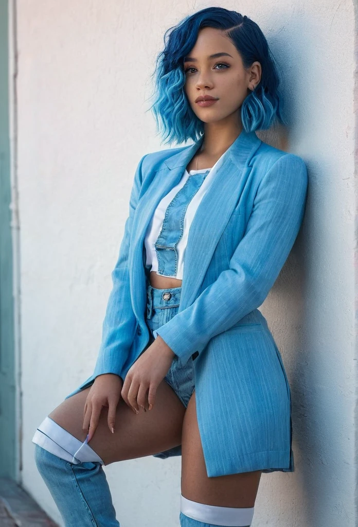 Beautiful biracial woman, blue hair , blue light eyes , full body detailled, casa de papel outfit