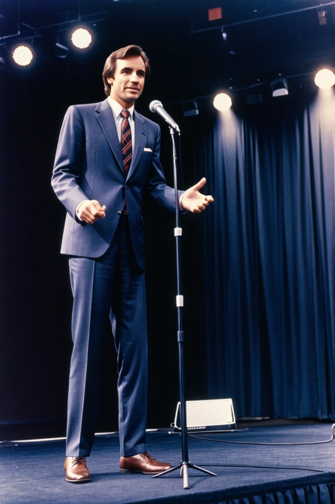 A guy who's wearing a suit stand on stage while speaking in 1980