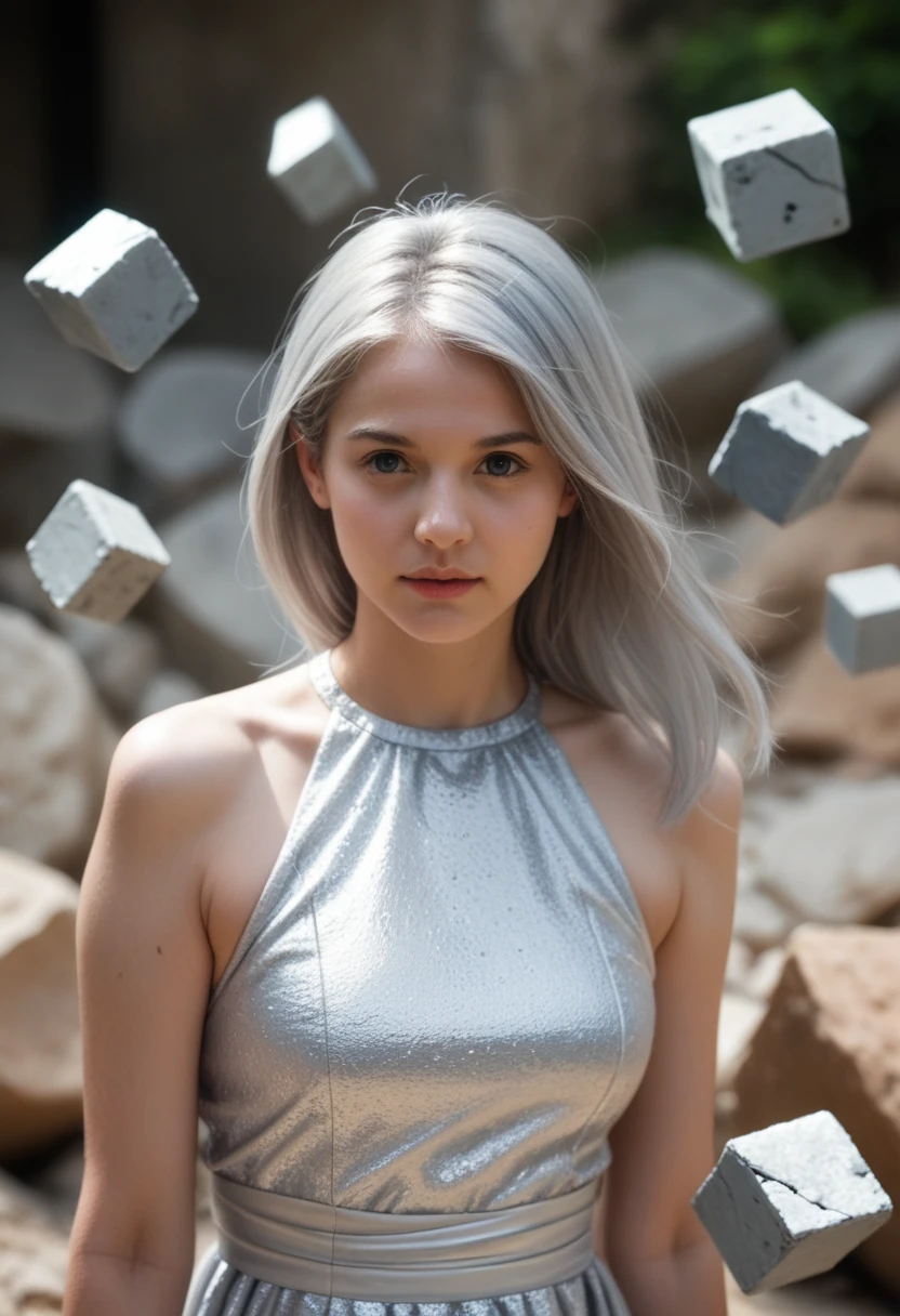 score_9,score_8_up,score_7_up,score_6_up BREAK source_real,raw,photo,realistic BREAK 1girl,silver hair,beautiful facial features,silver dress,standing,cube,debris,stone,floating objects,geometric object,silver theme,dreamy mottled background,depth of field gradient,close-up,