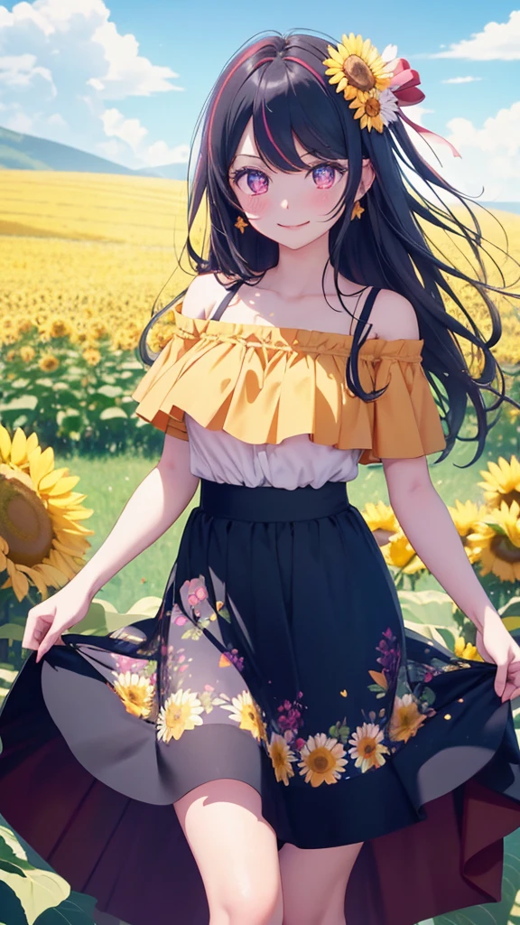 skirt hold, 1girl, Hoshino Ai, lifted by self, clothes lift, flower, skirt lift, skirt basket, earrings, orange flower, solo, curtsey, long hair, dress lift, skirt, jewelry, yellow flower, purple eyes, star-shaped pupils, purple hair, streaked hair, hair ornament, sunflower, sunflower fields background, daisy, breasts, bare shoulders, dress, black skirt, looking at viewer, smile, bangs, feet out of frame, shirt, collarbone, floral background, gradient, blush, red flower