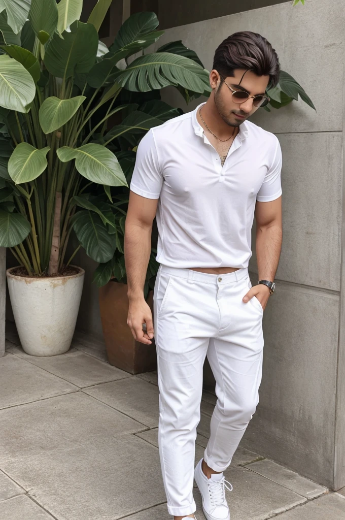 A guy keeping his left hand near his chest with nervous with white shirt white pant white shoes