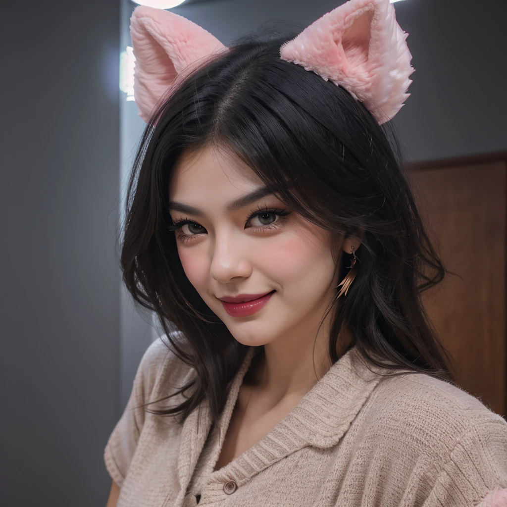 black hair, hair bobbles, wince, longeyelashes, solid circle eyes, fake animal ears, light smile, ear blush, fang, ccurate, Surrealism, drop shadow, anaglyph, stereogram, tachi-e, pov, atmospheric perspective, bokeh, diffraction spikes, caustics, foreshortening, emphasis lines, satellite image, 360 view, Wide-Angle, Eye-Level Shot, Ultra-Wide Angle, Ultra-Wide Angle, 8k, super detail, best quality, 16k