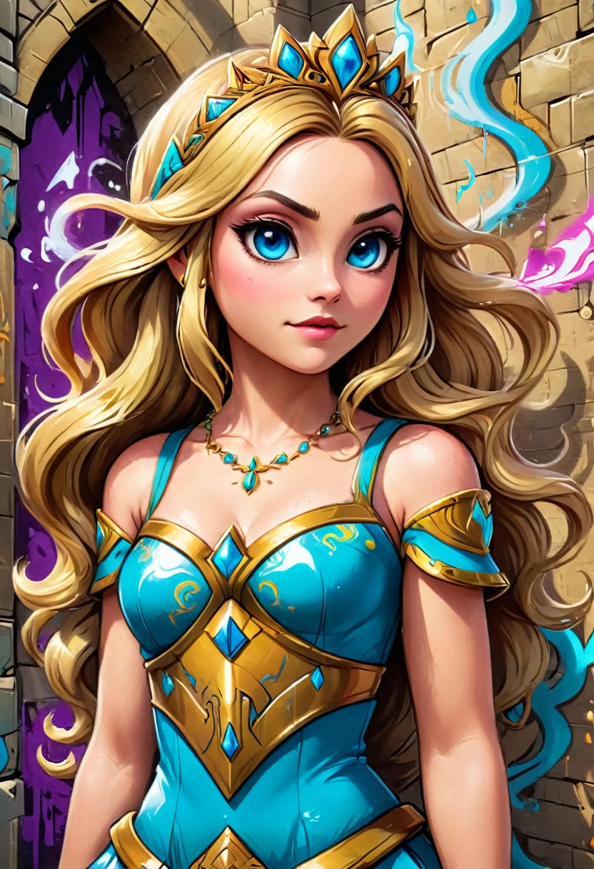 a graffiti painting art on the wall of the castle of Princess Zelda on the wall of a castle, ,Princess Zelda (intense details, Masterpiece, best quality: 1.5), ultra detailed face, ultra feminine, fair skin, exquisite beauty, gold hair, long hair, wavy hair, small pointed ears, dynamic eyes color, wearing heavy green and white armor, shinning metal, armed with elven sword, ais-graffiti, chumbasket art style, graffiti art