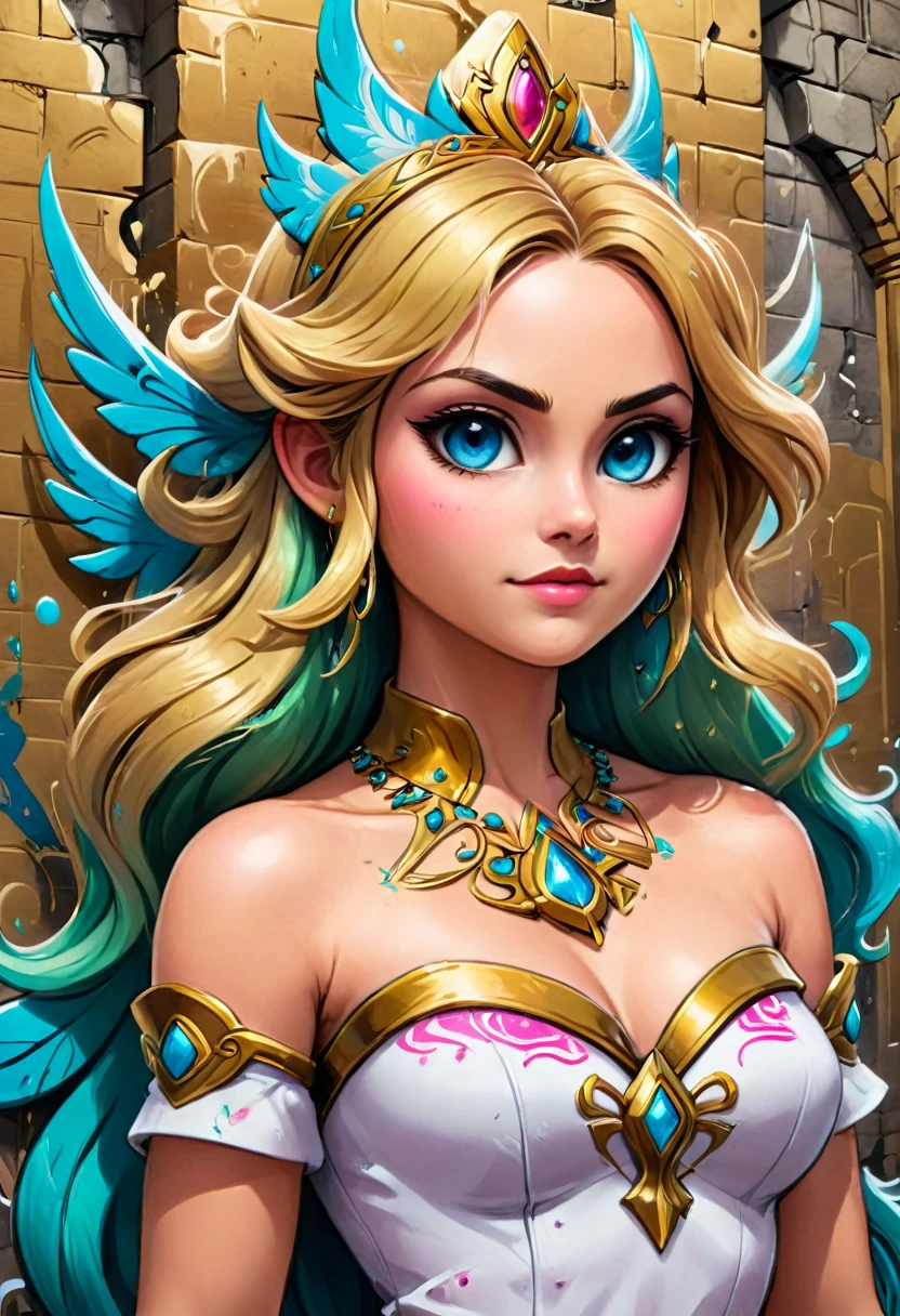 a graffiti painting art on the wall of the castle of Princess Zelda on the wall of a castle, ,Princess Zelda (intense details, Masterpiece, best quality: 1.5), ultra detailed face, ultra feminine, fair skin, exquisite beauty, gold hair, long hair, wavy hair, small pointed ears, dynamic eyes color, wearing heavy green and white armor, shinning metal, armed with elven sword, ais-graffiti, chumbasket art style, graffiti art