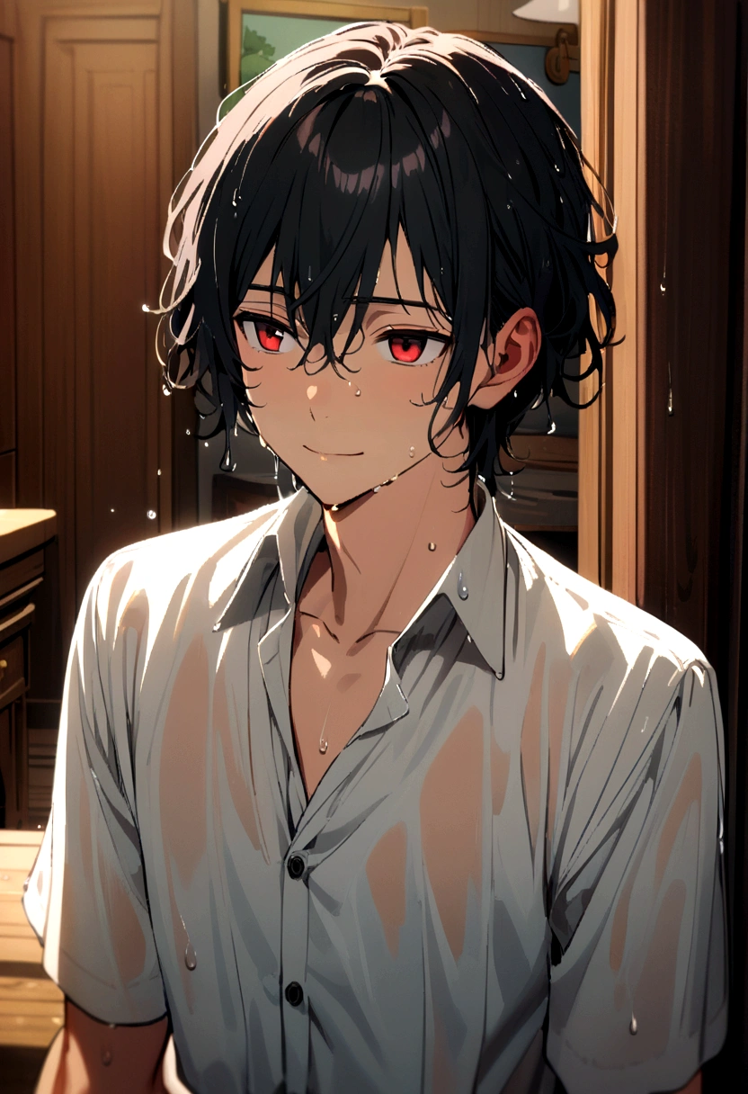 boy, red eyes, black short hair, cute face, wet hair, room