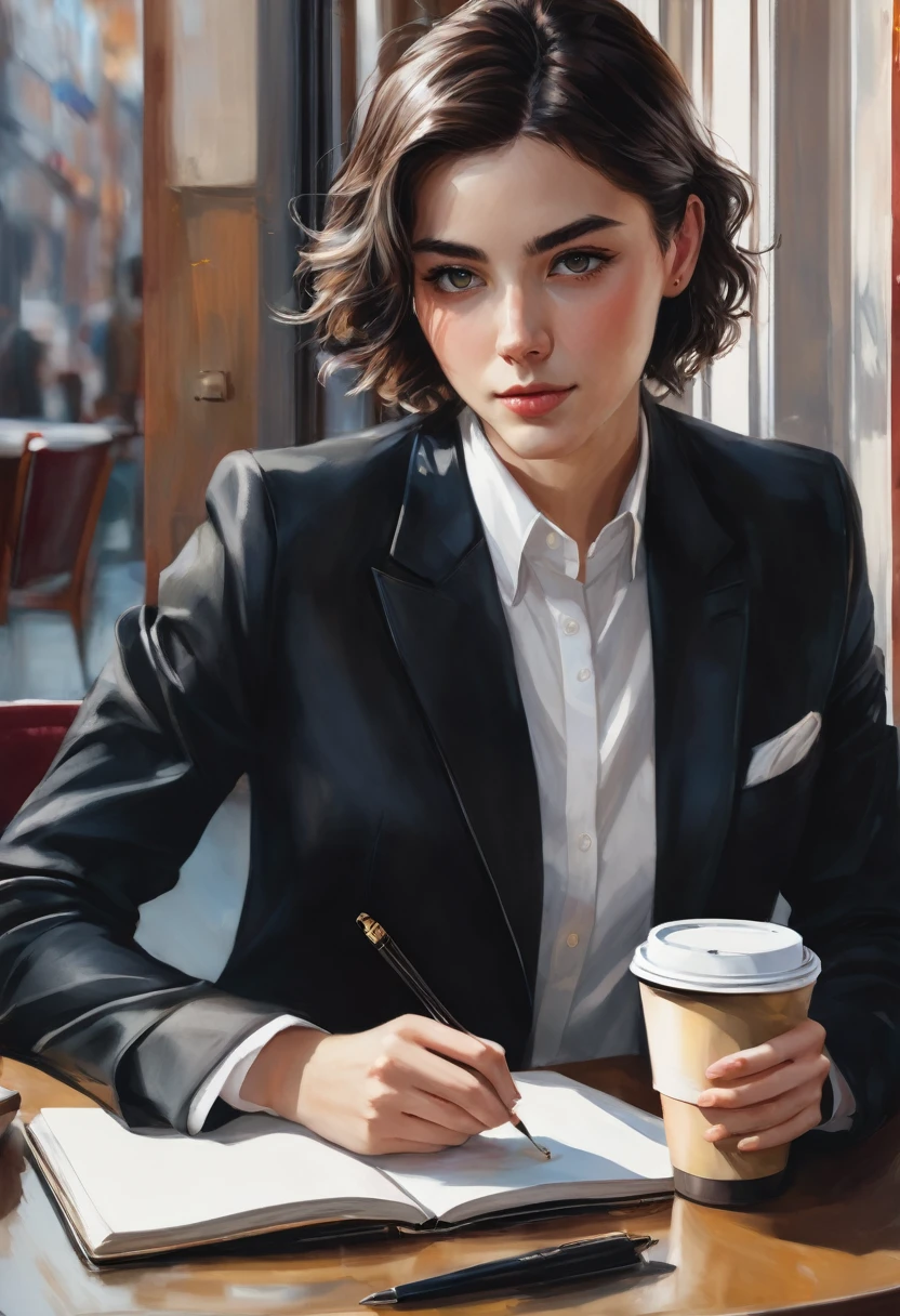 In a cozy café, a stunning young woman is seated, completely absorbed in writing on her notebook. Her hair falls gently over her shoulders, her eyes reflecting concentration and inspiration. She is dressed casually yet elegantly, embodying the essence of a modern writer.
On the opposite side of the table, a handsome and charming young man in a pristine dark suit holds a coffee cup. His eyes are fixed on the young writer, a slight smile playing on his lips, indicating a mix of admiration and curiosity.