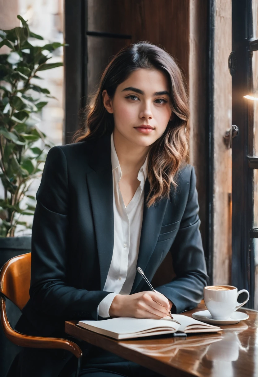 In a cozy café, a stunning young woman is seated, completely absorbed in writing on her notebook. Her hair falls gently over her shoulders, her eyes reflecting concentration and inspiration. She is dressed casually yet elegantly, embodying the essence of a modern writer.
On the opposite side of the table, a handsome and charming young man in a pristine dark suit holds a coffee cup. His eyes are fixed on the young writer, a slight smile playing on his lips, indicating a mix of admiration and curiosity.