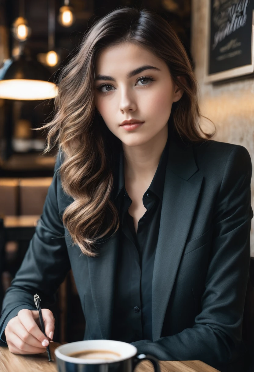 In a cozy café, a stunning young woman is seated, completely absorbed in writing on her notebook. Her hair falls gently over her shoulders, her eyes reflecting concentration and inspiration. She is dressed casually yet elegantly, embodying the essence of a modern writer.
On the opposite side of the table, a handsome and charming young man in a pristine dark suit holds a coffee cup. His eyes are fixed on the young writer, a slight smile playing on his lips, indicating a mix of admiration and curiosity.
