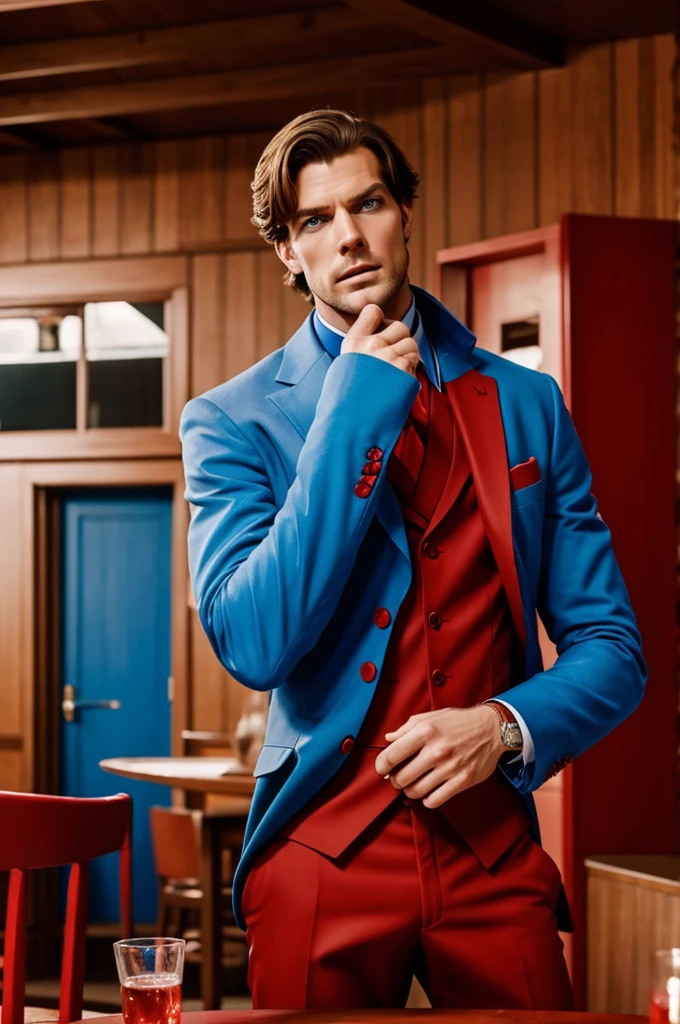 Make a tall man, with blue eyes, wearing a red suit and arguing at a table with several house during the era