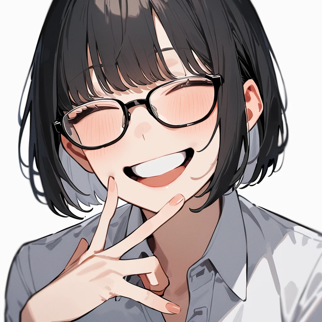 masterpiece, Highest quality, so beautiful, Absurd,
One girl, alone, Black Hair, Bobcut,
Thermont 16A, Glasses,
Collared shirt, Happy, smile, Sticking out tongue、View your viewers, Glassesの調整, White Background, Simple Background,