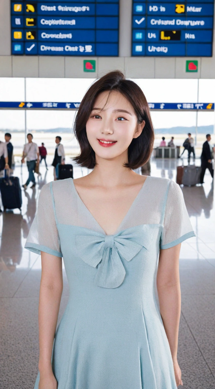 beautiful korean girl , 32 inch chest size, Your eyes are big and pretty. Standing in the departure hall of the airport. . short medium hair, A dress that completely covers the chest, laugh, uhd