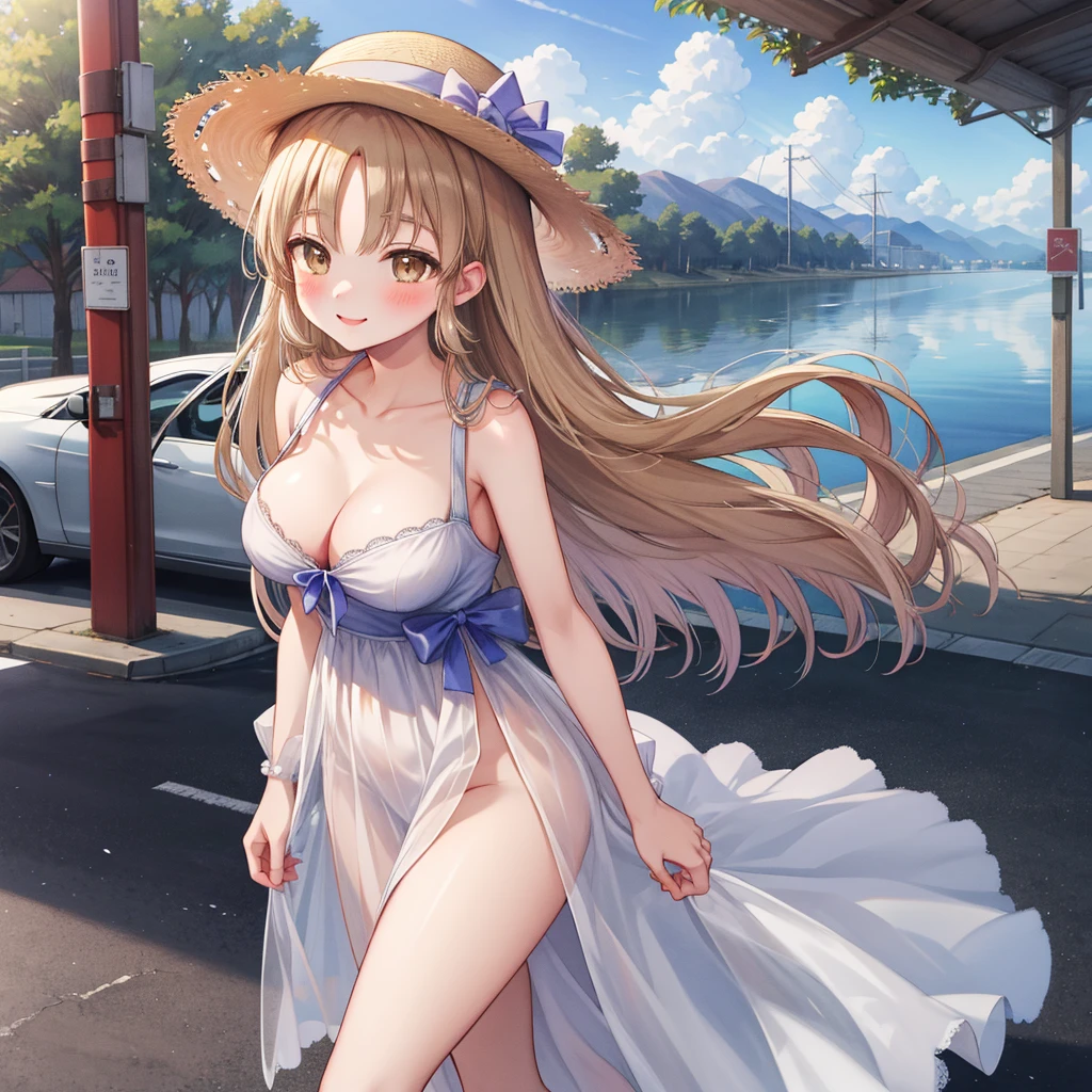 masterpiece, Highest quality, High Resolution, HS1,blush、smile,NSFW、On the road、White dress、Straw hat、walking、Beautiful breasts