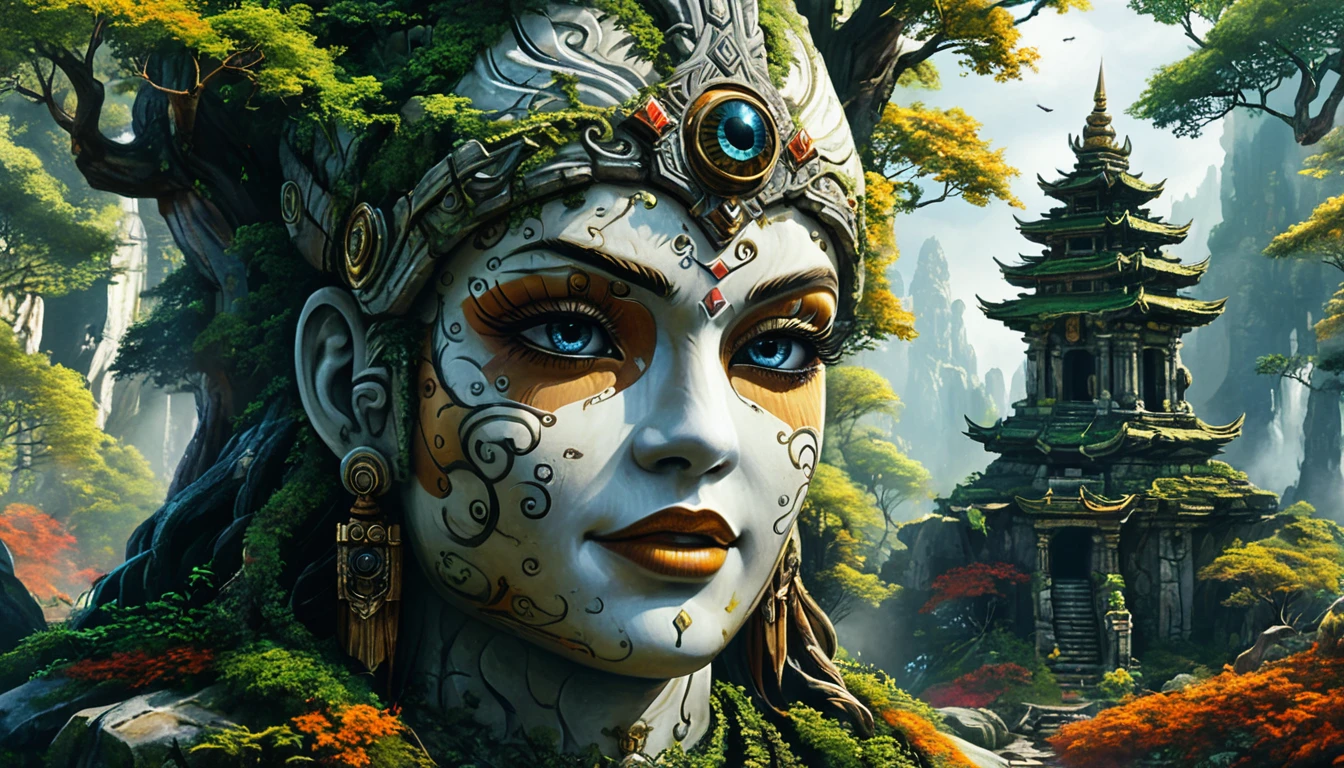 In the middle of the forest stands a large stone statue, stone eyes, virtual unreal, cinematic footage in imax format, Chan Seung Yeop, Still in style, Cybertron Hindu Temple, face close up, Playstation 3, Autodesk, marvel movie yet, tombs