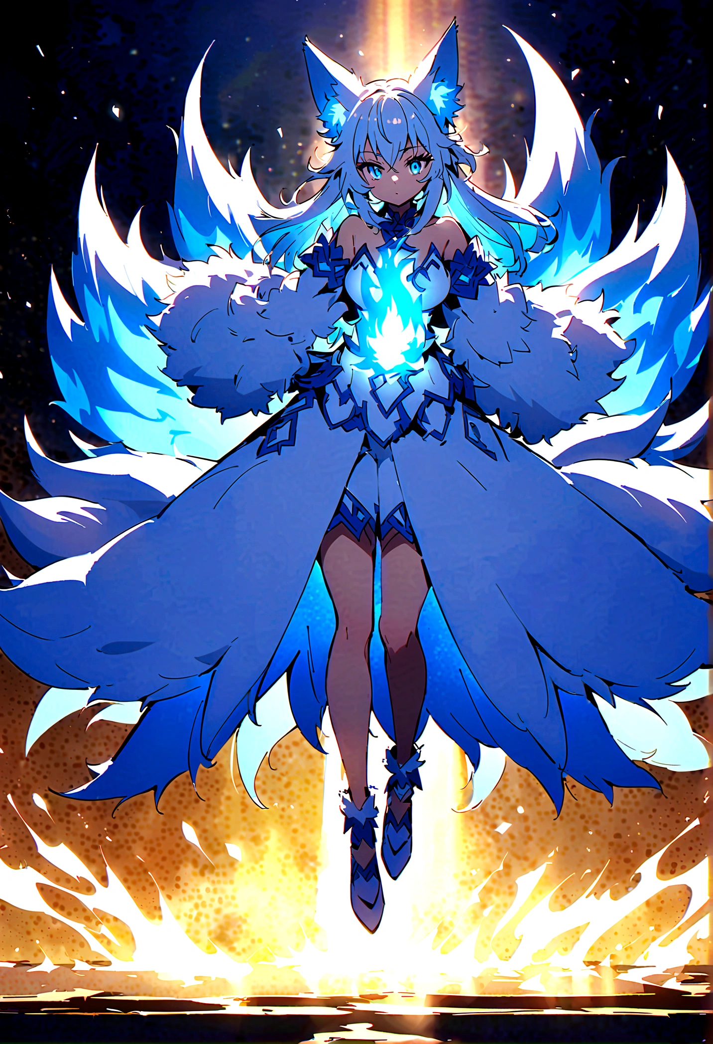 fox Light blue hair 　beast girl　indigo fur　fox beast girl　Anime Style　fox　blue　White-faced golden-haired nine-tailed fox　Coat blue　　　mysterious background　Blue Flame　girl　have a ball of light　fox Light blue hair 　beast girl　indigo fur　fox beast girl