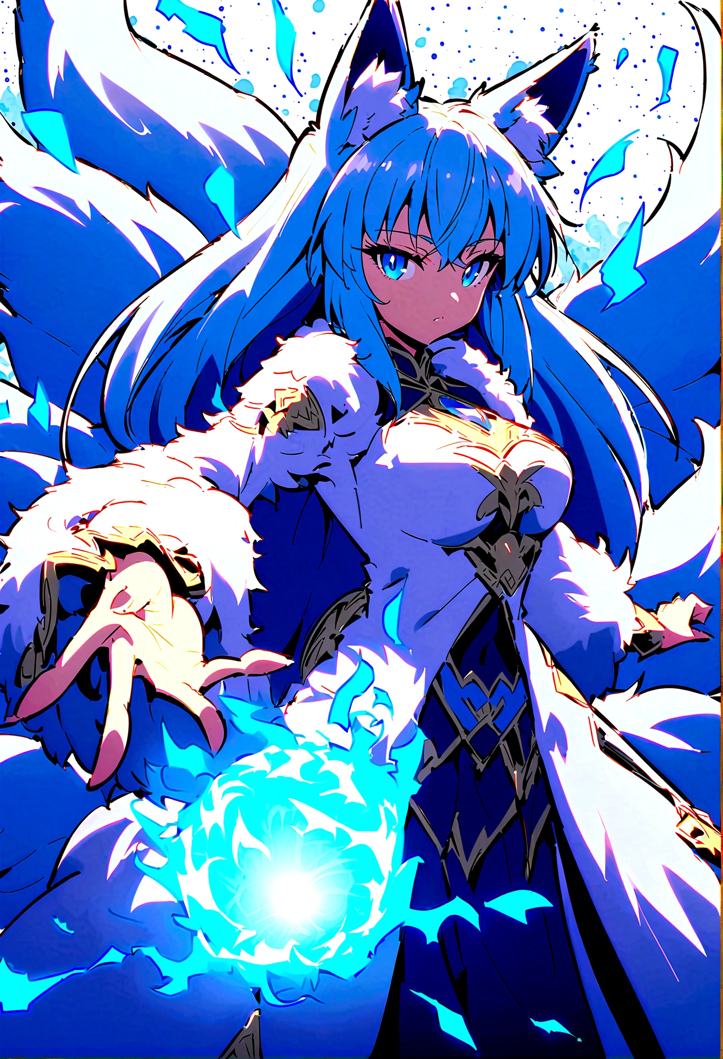 fox Light blue hair beast girl indigo fur fox beast girl Anime Style fox blue White-faced golden-haired nine-tailed fox Coat blue mysterious background Blue Flame girl have a ball of light fox Light blue hair beast girl indigo fur fox beast girl