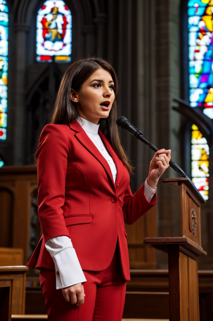 a realistic cinematic front view photo of the 30 year old woman wearing reddish suit giving a speech at a lectern in a ((protestant church)), long hair, bible on the pulpit, long shot in Nikon D850 DSLR, 200mm f/1. 8 lens,