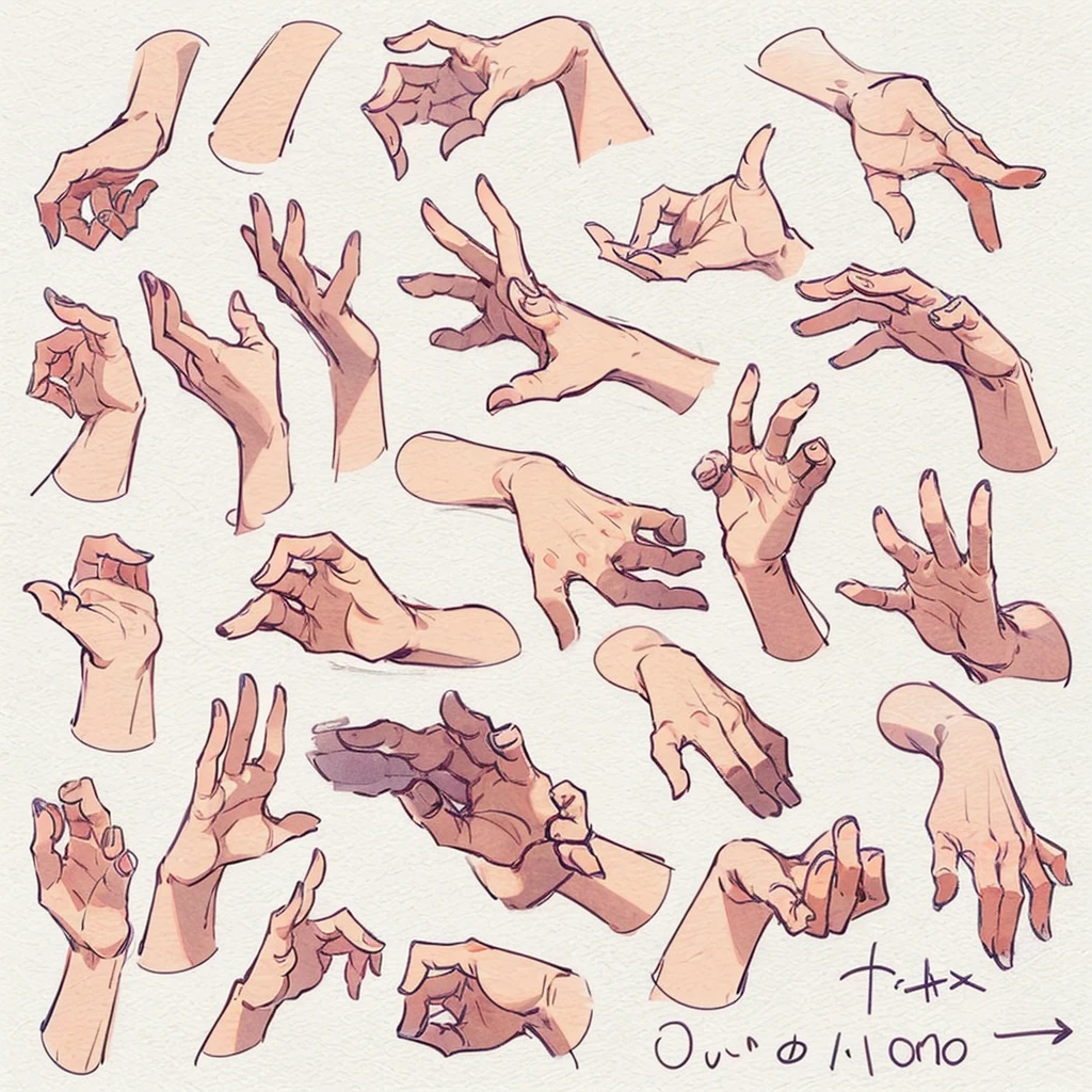 only hands, varios sketch of hand, hand in focus, hand im various poses, pose of hands, only hands, simple background, unique color background

