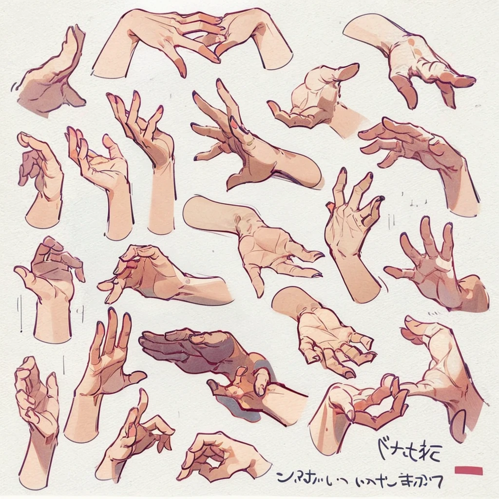 only hands, varios sketch of hand, hand in focus, hand im various poses, pose of hands, only hands, simple background, unique color background
