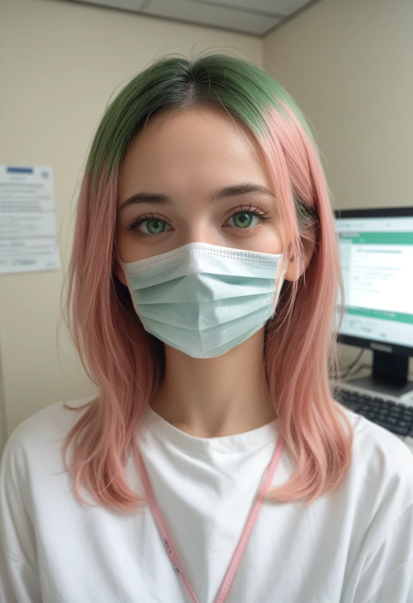 score_9,score_8_up,score_7_up,score_6_up BREAK source_real,raw,photo,realistic BREAK solo,looking at viewer,long sleeves,1girl,in the hospital,holding,green eyes,upper body,pink hair,green hair,indoors,mask,mouth mask,computer,monitor,surgical mask,intravenous drip,