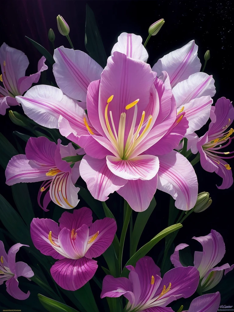 a close up of a flower with a heart shaped stem, glowing delicate flower, by Howard Butterworth, lily, lights with bloom, 🌺 cgsociety, by Ikuo Hirayama, by Luis Miranda, lily flower, photorealism ”, glowing iris, glowing flowers, beautiful lit, by Brian Thomas, by Carlos Berlanga, by Charles Billich