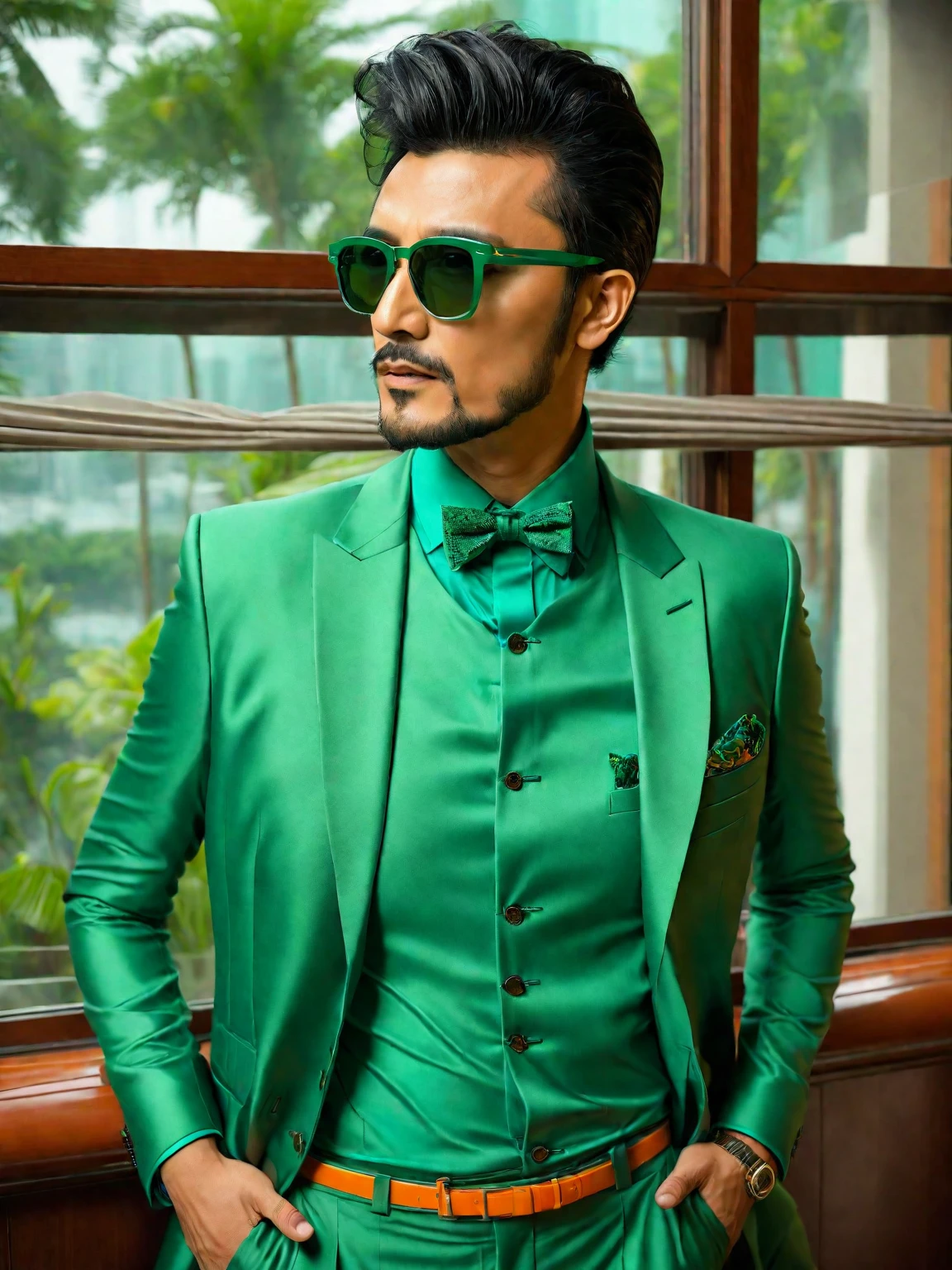 araffe dressed in a green suit and sunglasses standing in front of a window, wearing green suit, green suit and bowtie, wearing green jacket, wearing fashion suit, teal suit, with sunglass, in style of kar wai wong, in suit with black glasses, mohamed chahin style, wearing a colorful men's suit, full body photogenic shot, green shades