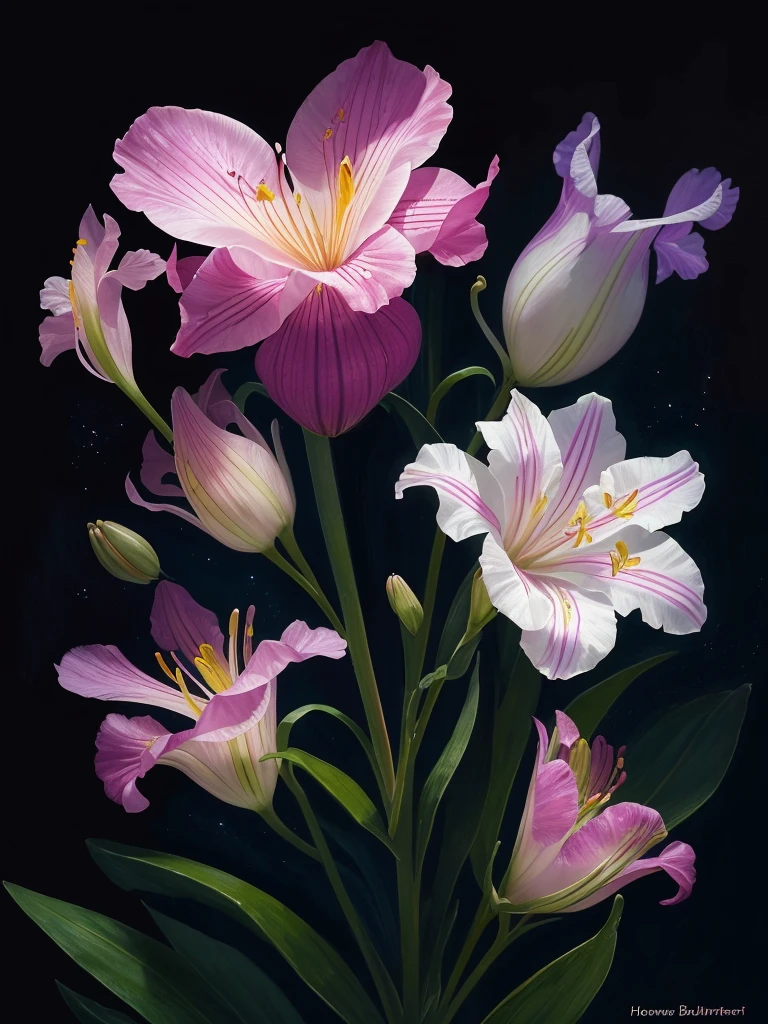 a close up of a flower with a heart shaped stem, a photorealistic painting by Howard Butterworth, flickr, photorealism, glowing delicate flower, lily, lights with bloom, 🌺 cgsociety, lily flower, photorealism ”, glowing iris, glowing flowers, beautiful lit, realistic photo”, beatifully lit, glowing in the dark, .highly realistic, harsh bloom lighting