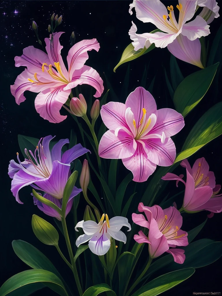 a close up of a flower with a heart shaped stem, glowing delicate flower, by Howard Butterworth, lily, lights with bloom, 🌺 cgsociety, by Ikuo Hirayama, by Luis Miranda, lily flower, photorealism ”, glowing iris, glowing flowers, beautiful lit, by Brian Thomas, by Carlos Berlanga, by Charles Billich