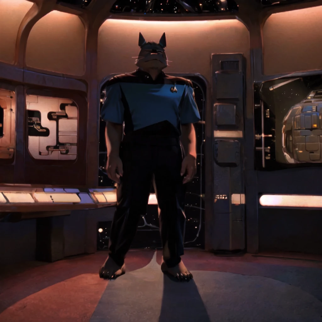 (((Barefoot furry character, full body, cinematic setting, furry male, plantigrade)))
doctor ((Totoro)), studio ghibili, furry, big, fat, whiskers, grey skin, claws,
exudes confidence and authority on starship bridge, wears star trek next generation doctor blue uniform, ((s3stngunf uniform))) long black pants, muscular figure, (((standing in transporter room, standing on transport platform)))
((Bridge of starship with many screens and consoles)), futuristic look, metalic, bright colors
BREAK, intricate details, highly detailed, extreme detail, octane render, fine art, best quality, highres, (detailed face:1.5), ((full_body)), UHD, (((perfect hands))), ((low light:1.5))