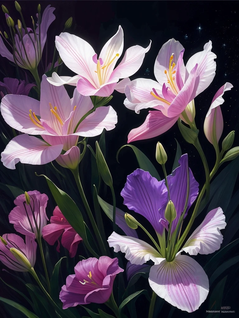 a close up of a flower with a heart shaped stem, glowing delicate flower, by Howard Butterworth, lily, lights with bloom, 🌺 cgsociety, by Ikuo Hirayama, by Luis Miranda, lily flower, photorealism ”, glowing iris, glowing flowers, beautiful lit, by Brian Thomas, by Carlos Berlanga, by Charles Billich