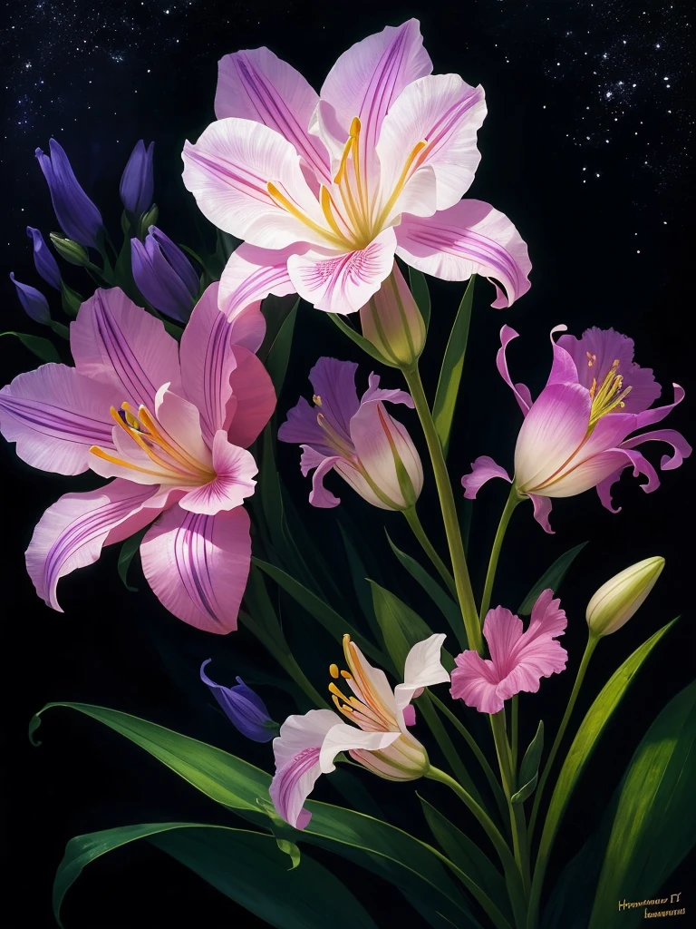 a close up of a flower with a heart shaped stem, a photorealistic painting by Howard Butterworth, flickr, photorealism, glowing delicate flower, lily, lights with bloom, 🌺 cgsociety, lily flower, photorealism ”, glowing iris, glowing flowers, beautiful lit, realistic photo”, beatifully lit, glowing in the dark, .highly realistic, harsh bloom lighting